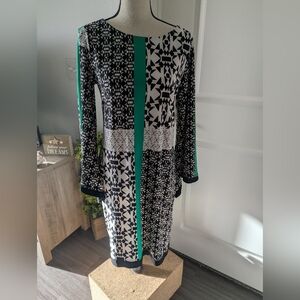 Black & White Patterned Dress with emerald green Accents